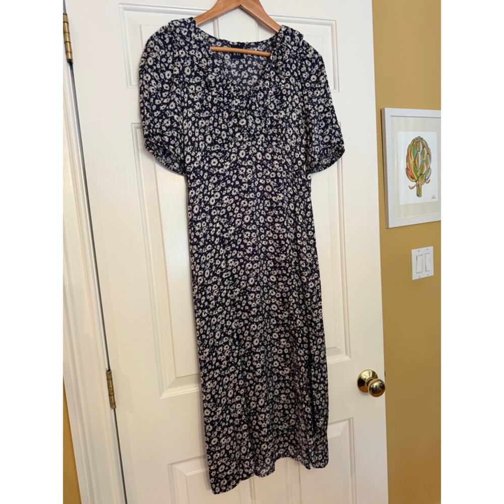 Gap Navy Floral Midi Dress Ruffled Neckline Short Puff Sleeve Cottagecore XS